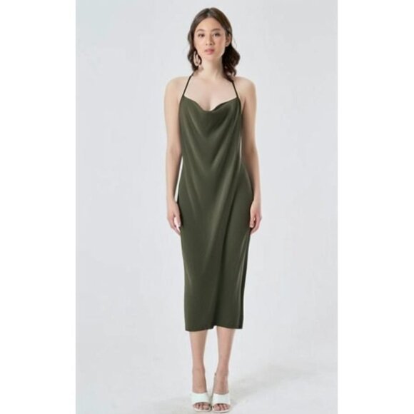 Sincerely Jules Olive Green Draped Neck Spaghetti Strap Slip Dress Size Large - Picture 1 of 10